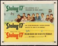 4w217 STALAG 17 linen style B 1/2sh '53 different image of Holden & POWs whistling by barbed wire!