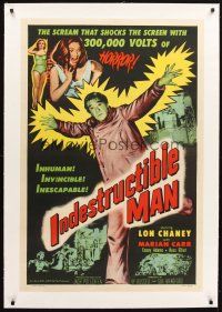 4w334 INDESTRUCTIBLE MAN linen 1sh '56 Lon Chaney Jr. the inhuman, invincible, inescapable monster!