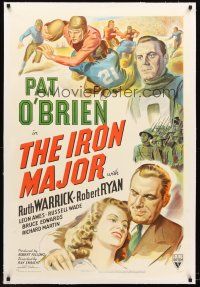 4w337 IRON MAJOR linen 1sh '43 Pat O'Brien plays football in the military, cool sports stone litho!