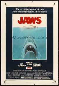 4w343 JAWS linen 1sh '75 art of Steven Spielberg's classic man-eating shark attacking sexy swimmer!