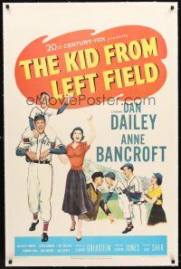 4w347 KID FROM LEFT FIELD linen 1sh '53 Dan Dailey, Anne Bancroft, baseball kid argues with umpire!