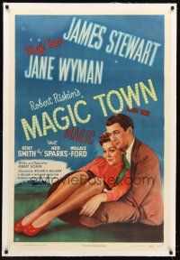4w364 MAGIC TOWN linen 1sh '47 romantic close up of pollster James Stewart & pretty Jane Wyman!
