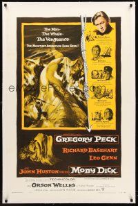 4w378 MOBY DICK linen 1sh '56 John Huston, great art of Gregory Peck & the giant whale!