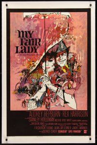 4w384 MY FAIR LADY linen 1sh '64 classic art of Audrey Hepburn & Rex Harrison by Bob Peak!
