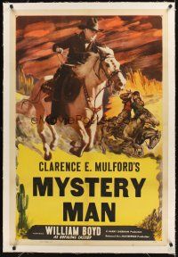 4w385 HOPALONG CASSIDY linen style A 1sh '40s William Boyd as Hopalong Cassidy, Mystery Man!