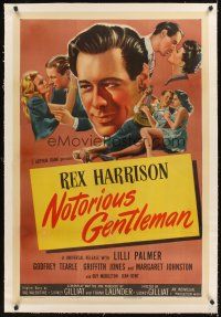4w391 NOTORIOUS GENTLEMAN linen 1sh '46 art montage of Rex Harrison romancing many women!