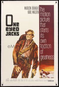 4w394 ONE EYED JACKS linen 1sh '61 great art of star & director Marlon Brando with gun & bandolier!