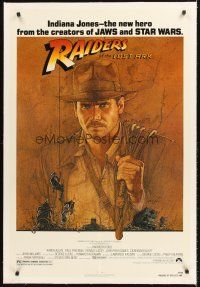 4w414 RAIDERS OF THE LOST ARK linen 1sh '81 great art of adventurer Harrison Ford by Richard Amsel!