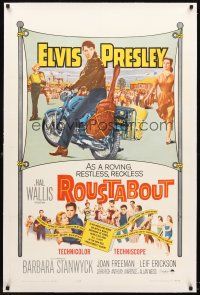 4w427 ROUSTABOUT linen 1sh '64 roving, restless, reckless Elvis Presley on motorcycle with guitar!