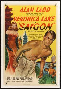 4w432 SAIGON linen 1sh '48 super close up of barechested Alan Ladd & sexy Veronica Lake!