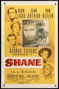 4w440 SHANE linen 1sh '53 most classic western, Alan Ladd, Jean Arthur, Van Heflin, Brandon De Wilde