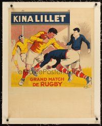 4w129 GRAND MATCH DE RUGBY linen French 23x30 sports poster '30s cool art of rugby players by A.G.!