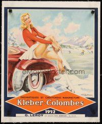 4w150 KLEBER-COLOMBES linen French 17x19 advertising poster '52 sexy art for tires by Georges Hamel!