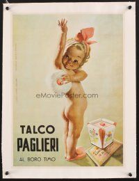 4w154 TALCO PAGLIERI linen Italian 14x19 ad '50 Boccasille art of baby applying talcum powder!