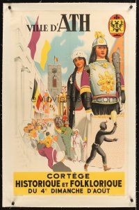 4w176 VILLE D'ATH linen Belgian travel poster '30s tour of Belgium's historical Ducasse festival!
