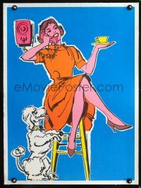 4w155 WOMAN ON THE PHONE linen 19x26 advertising poster '60s cool retro art of housewife & poodle!