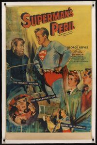 4w464 SUPERMAN'S PERIL linen 1sh '54 great full-length art of superhero George Reeves in costume!