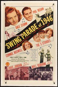 4w466 SWING PARADE OF 1946 linen 1sh '45 Three Stooges with Curly, Phil Regan, Gale Storm, Jourdan!