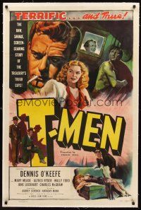 4w467 T-MEN linen 1sh '48 Anthony Mann film noir, cool art of sexy bad girl & man with gun!