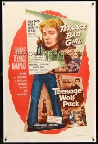 4w474 TEENAGE BAD GIRL/TEENAGE WOLF PACK linen 1sh '57 sins & sinsations of crazed delinquents!