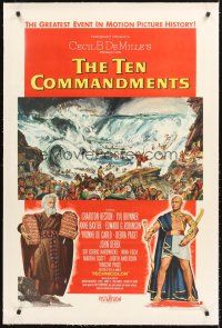 4w475 TEN COMMANDMENTS linen 1sh '56 Cecil B. DeMille classic, art of Charlton Heston & Yul Brynner!
