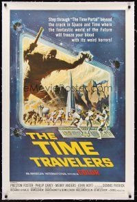 4w481 TIME TRAVELERS linen 1sh '64 cool Reynold Brown sci-fi art of the crack in space and time!