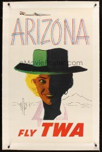 4w160 ARIZONA FLY TWA linen travel poster '50s great cowgirl artwork by Austin Briggs!