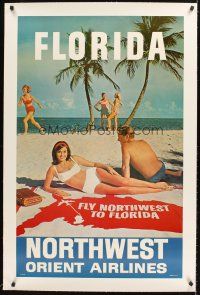 4w163 FLORIDA: NORTHWEST ORIENT AIRLINES linen travel poster '60s sexy people on the beach!