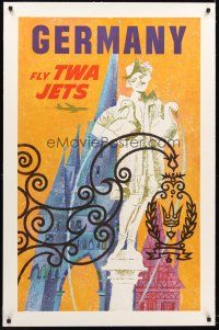 4w165 GERMANY FLY TWA JETS linen travel poster '60s art of German sights by David Klein!