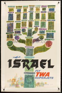 4w170 ISRAEL FLY TWA SUPERJETS linen travel poster '60s cool menorah art by David Klein!