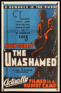 4w484 UNASHAMED linen 1sh '38 great naked silhouette art, actually filmed in a nudist camp!