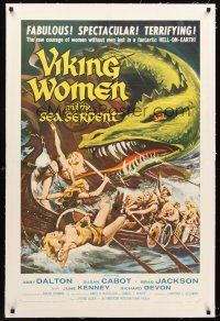 4w491 VIKING WOMEN & THE SEA SERPENT linen 1sh '58 art of sexy female warriors attacked on ship!
