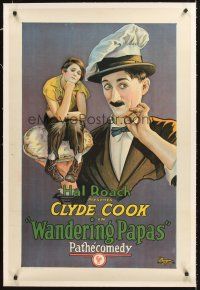 4w497 WANDERING PAPAS linen 1sh '26 stone litho of wacky Clyde Cook, directed by Stan Laurel!