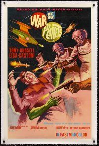 4w498 WAR OF THE PLANETS linen 1sh '66 cool pulp art of astronauts shooting alien with man hostage!