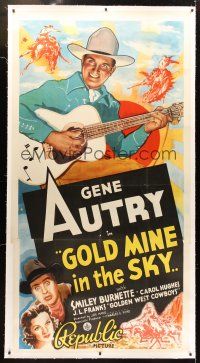 4x213 GOLD MINE IN THE SKY linen 3sh '38 art of cowboy Gene Autry with guitar + Smiley Burnette!