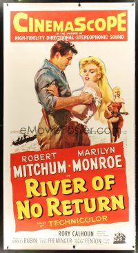 4x234 RIVER OF NO RETURN linen 3sh '54 great artwork of Robert Mitchum grabbing sexy Marilyn Monroe!