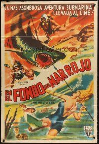 4x175 UNDER THE RED SEA Argentinean '51 cool art of scuba divers & sexy swimmer fighting shark!