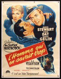 4x261 MAN WHO KNEW TOO MUCH linen French 1p '56 Hitchcock, art of Stewart & Doris Day by Grinsson!