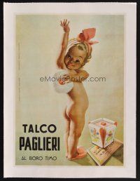 4x116 TALCO PAGLIERI linen Italian 14x19 ad '50 Gino Boccasille art of baby applying talcum powder!