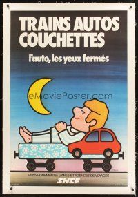 4x295 TRAINS AUTOS COUCHETTES linen French travel poster '77 cartoon art of man sleeping on train!