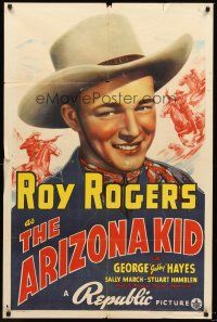 4y085 ARIZONA KID 1sh '39 great image of cowboy Roy Rogers in singing western!