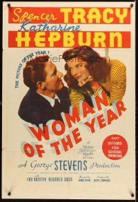 4y164 WOMAN OF THE YEAR Aust 1sh '42 great image of Spencer Tracy & Katharine Hepburn!