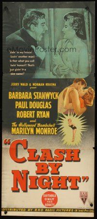 4y172 CLASH BY NIGHT Aust daybill '52 Fritz Lang, Barbara Stanwyck, sexy Marilyn Monroe shown!