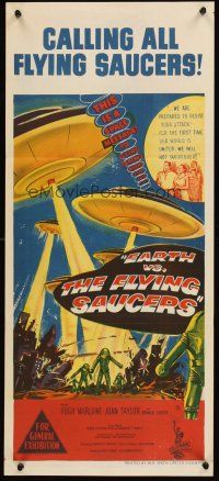 4y175 EARTH VS. THE FLYING SAUCERS Aust daybill '56 sci-fi classic, cool art of UFOs & aliens!