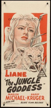 4y181 LIANE JUNGLE GODDESS Aust daybill '56 art of 16 year-old blonde Marion Michaels in Africa!