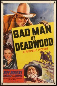 4y086 BAD MAN OF DEADWOOD 1sh '41 art of cowboys Roy Rogers & Gabby Hays!