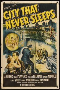 4y098 CITY THAT NEVER SLEEPS 1sh '53 great art of gunfight under elevated train in Chicago!