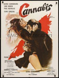 4y429 CANNABIS French 23x32 '70 art of Serge Gainsbourg & sexy Jane Birkin in marijuana drug movie!