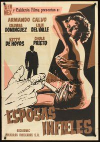 4y195 ESPOSAS INFIELES Mexican poster '56 silkscreen art of sexy woman & smoking hand!