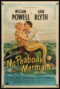 4y119 MR. PEABODY & THE MERMAID 1sh '48 romantic art of William Powell & mermaid Ann Blyth!